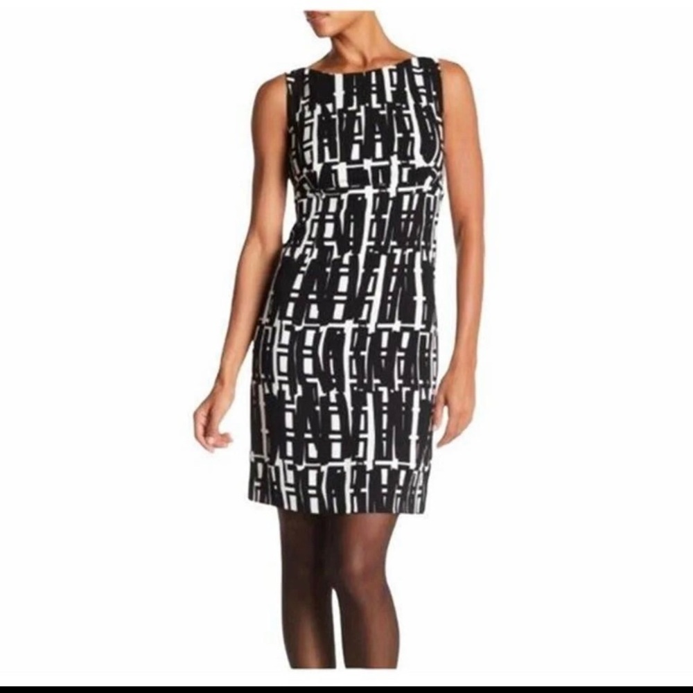Milly Sheath Dress 12 Black White Geometric Crepe Exposed Back Zip Caree…